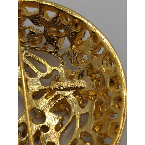 Vintage MJENT Gold Tone Brooch With Brown And Gold Crystal Crescent Circle Shape - Picture 8 of 13